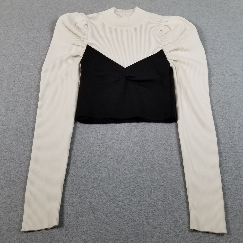 Beulah Crop Top Women One Size OS Black Cream Puff Sleeve Ribbed Mock Neck Chic